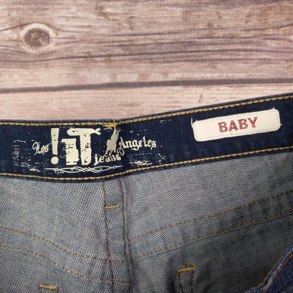 !It Jeans Baby Low Rise Flare 30 Distressed Dark Wash Contrast Stitching - Picture 4 of 7